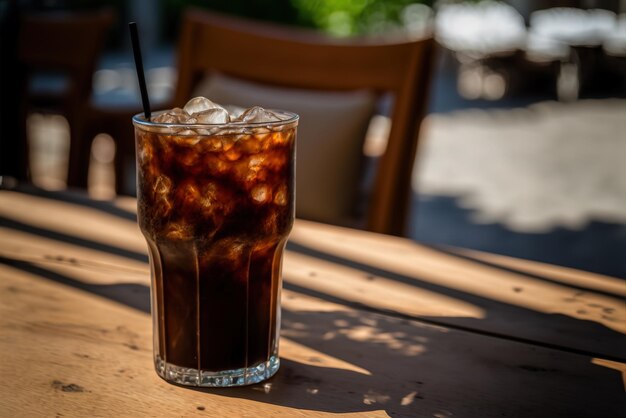 Un bicchiere rinfrescante di caffè freddo con ghiaccio su un tavolo in un bar nella soleggiata estate