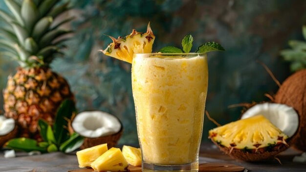 Un bicchiere rinfrescante di frullato di ananas e acqua di cocco