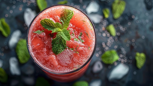 Un bicchiere rinfrescante di melone d'acqua fresca con foglie di menta