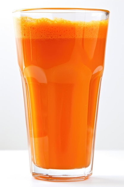 Un bicchiere rinfrescante di succo di carota luccicante di vitalità contro uno sfondo bianco incontaminato