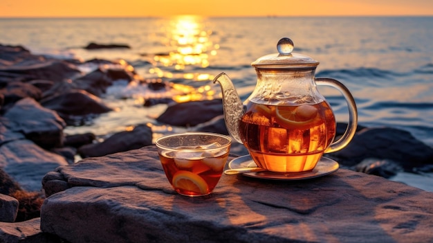 Un bicchiere rinfrescante di tè freddo sullo sfondo del mare che cattura l'essenza di una bevanda estiva che combina la freschezza con la serena bellezza dell'oceano Generato dall'intelligenza artificiale
