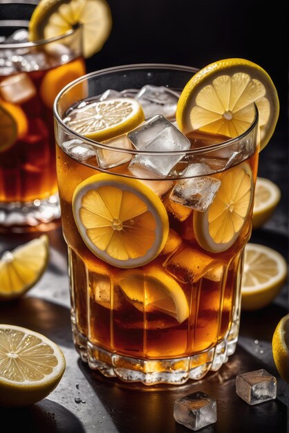 Un bicchiere rinfrescante di tè ghiacciato adornato con fette di limone e cubetti di ghiaccio