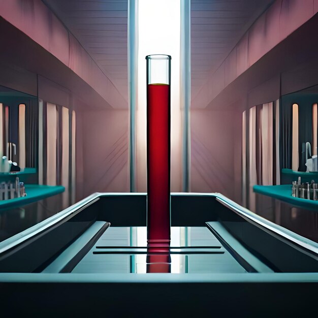 Un bicchiere rosso è in una stanza con un liquido rosso.
