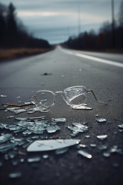 Un bicchiere rotto su una strada con la parola vetro sopra.