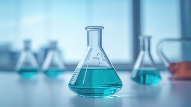 Un bicchiere scientifico in laboratorio su un tavolo bianco e sfondo blu chiaro attrezzature di laboratorio fuori foco AI Generative