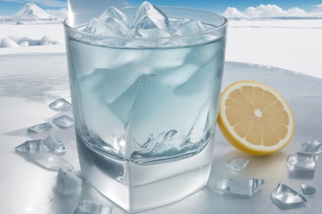 Un bicchiere trasparente con liquido e cubetti di ghiaccio accanto a esso si trova un cuneo di limone