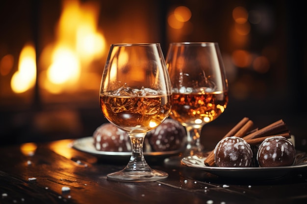 Un bicchierino di cognac e cioccolato su un tavolo di legno vicino al caminetto acceso