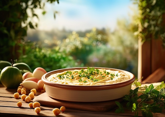 Un bicchierino di hummus con uno sfondo di piante di ceci