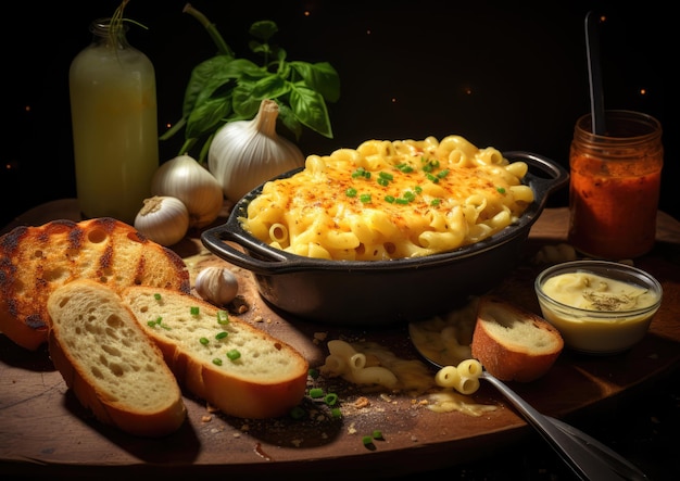 Un bicchierino di maccheroni e formaggio con un contorno di pane all'aglio