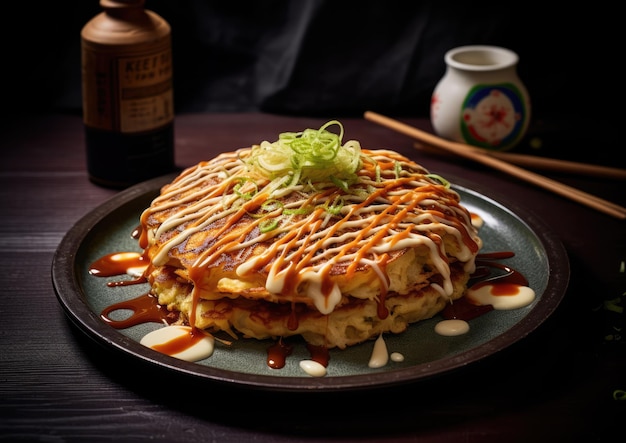 Un bicchierino di Okonomiyaki con contorno di maionese e salsa giapponese