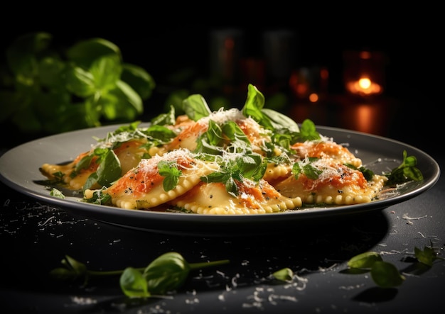 Un bicchierino di ravioli guarniti con erbe fresche e parmigiano