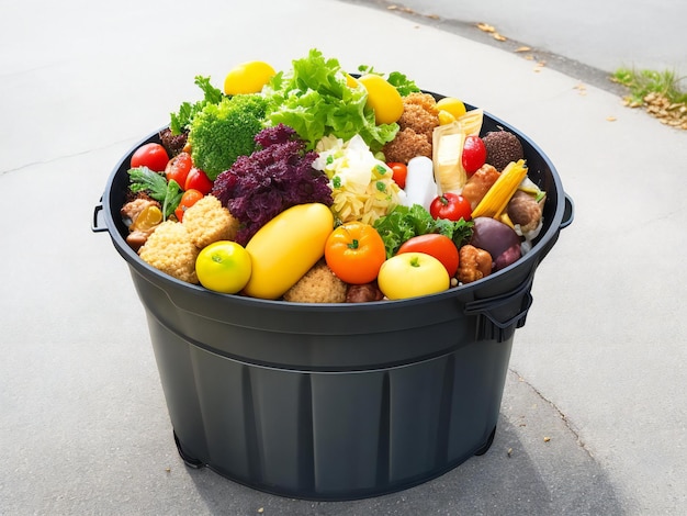 Un bidone della spazzatura con cibo inutilizzato e rifiuti alimentari generati