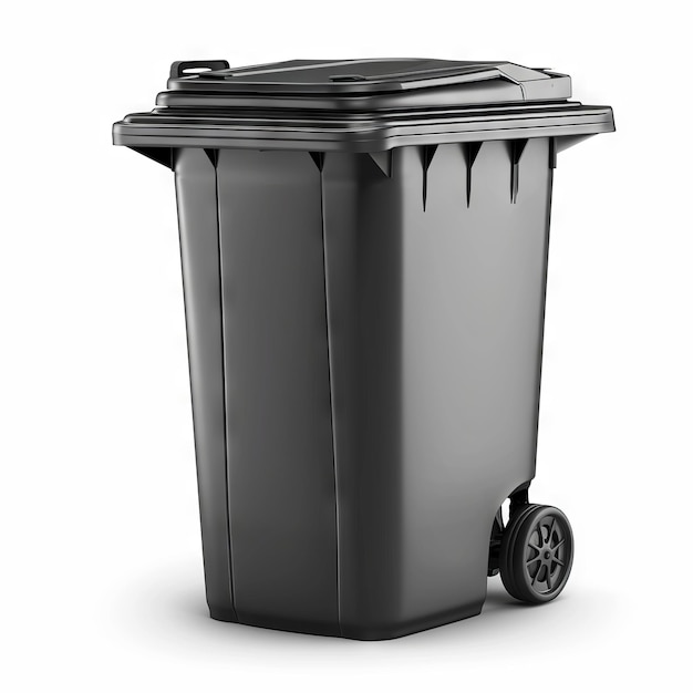 Un bidone della spazzatura nero con le ruote su uno sfondo bianco