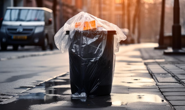 Un bidone della spazzatura seduto sul lato di una strada