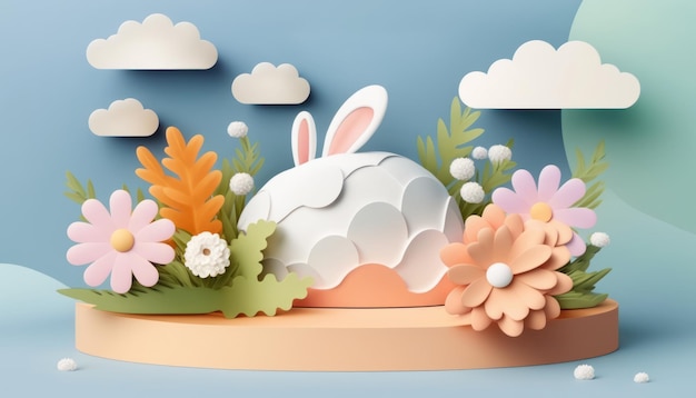 Un biglietto di auguri di Pasqua alla moda con una nuvola di fiori primaverili in 3D, uovo di Pasqua e coniglietto. Il design presenta un moderno concetto grafico 3D con un tema floreale primaverile.