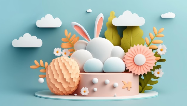 Un biglietto di auguri di Pasqua alla moda con una nuvola di fiori primaverili in 3D, uovo di Pasqua e coniglietto. Il design presenta un moderno concetto grafico 3D con un tema floreale primaverile.