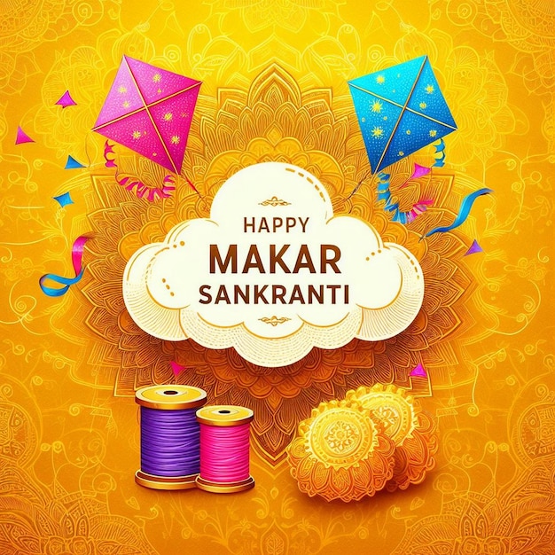 Un biglietto di auguri festivo di Makar Sankranti con aquiloni colorati