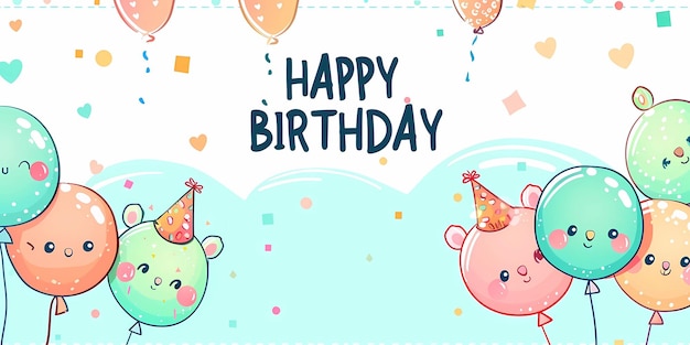 un biglietto di compleanno con palloncini e un cappello di compleanno