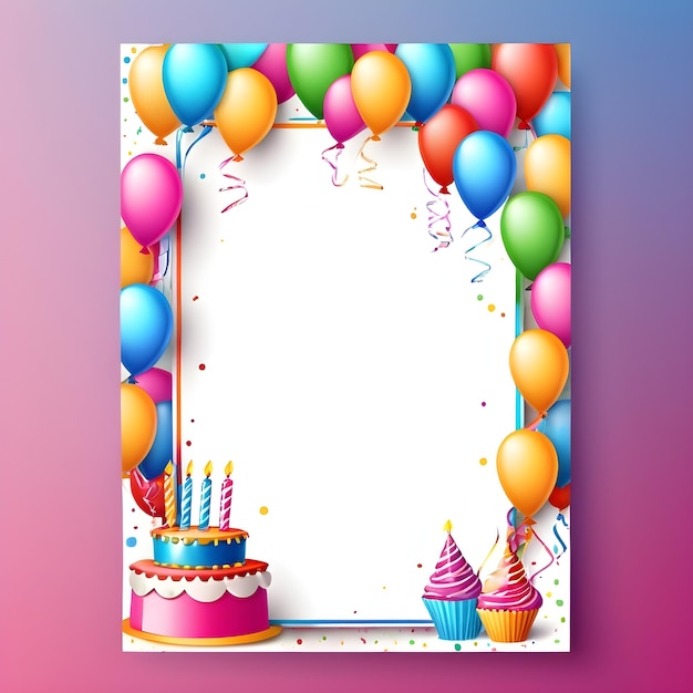 un biglietto di compleanno con palloncini e una torta di compleanno col dolce di compleanno al centro
