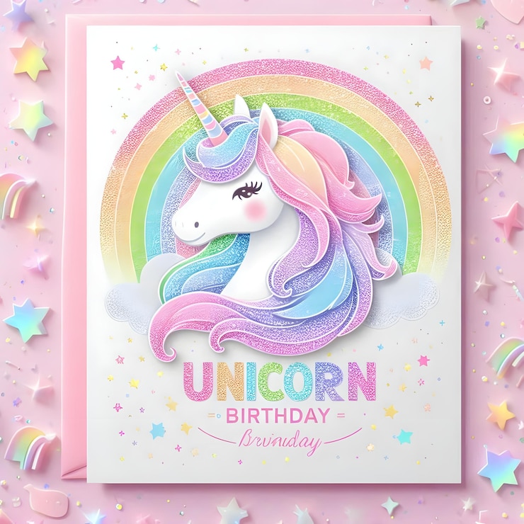 Foto un biglietto di compleanno con un unicorno e un arcobaleno