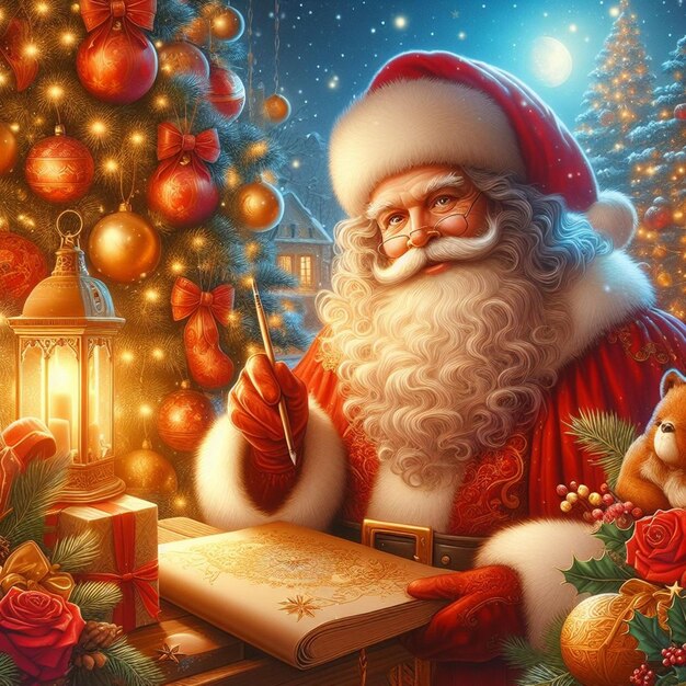 un biglietto di Natale con Babbo Natale che legge un libro