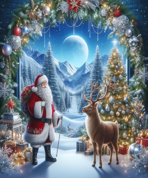 un biglietto di Natale con un Babbo Natale e un cervo