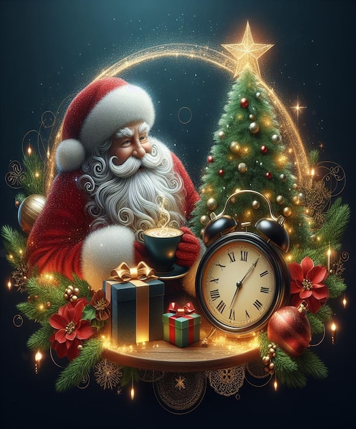 un biglietto di Natale con un Babbo Natale e un orologio