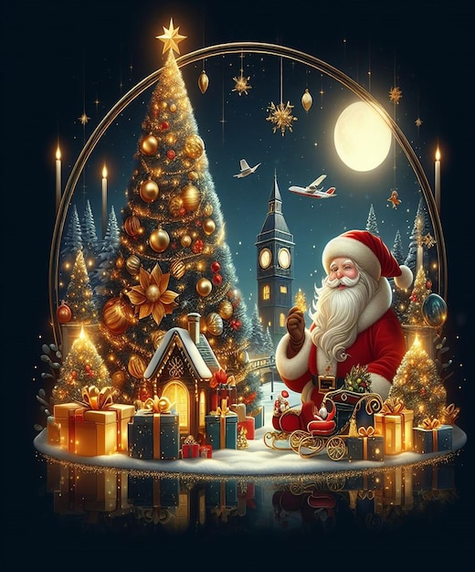 un biglietto di Natale con un Babbo Natale seduto davanti a un albero di Natale