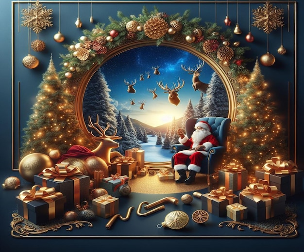 un biglietto di Natale con un Babbo Natale seduto su una sedia