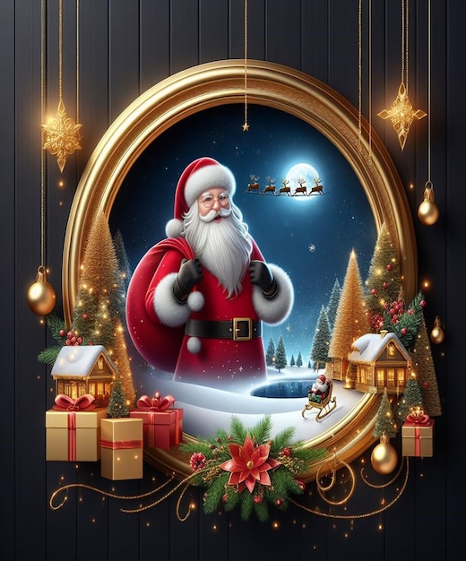 un biglietto di Natale con una foto di Babbo Natale e un albero di Natale