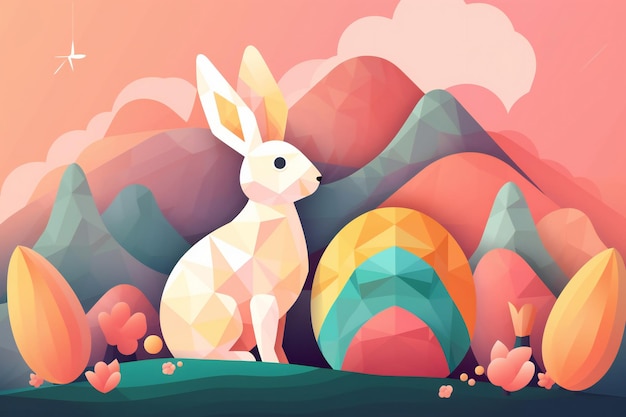 Un biglietto di Pasqua colorato con un coniglietto e un uovo di Pasqua colorato.
