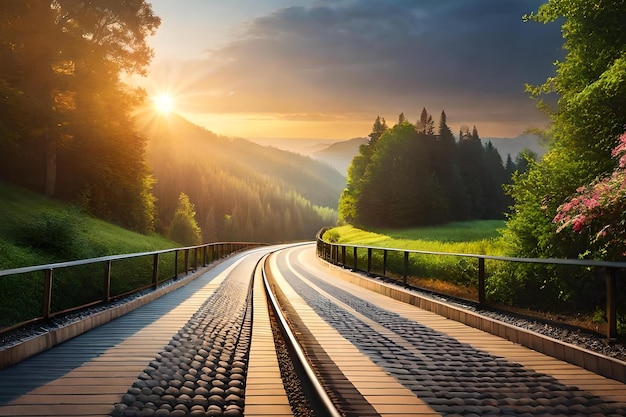 Un binario del treno con un tramonto sullo sfondo