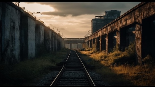 Un binario del treno con uno sfondo di cielo e un ponte sullo sfondo.