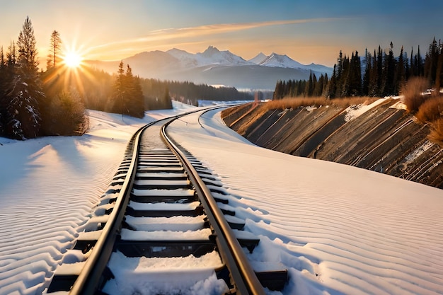 Un binario del treno nella neve con il sole che tramonta dietro di esso