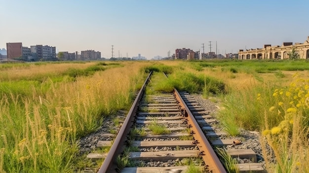 Un binario ferroviario con vista sulla città sullo sfondo