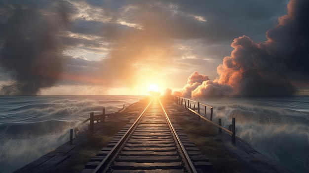 Un binario ferroviario nel cielo con il sole che tramonta dietro di esso