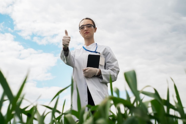 Un biologo in campo controlla le letture del grano un agricoltore prende appunti su un tablet agribusines