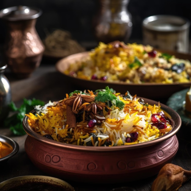 Un biryani piccante servito in piatti di cibo generativo ai