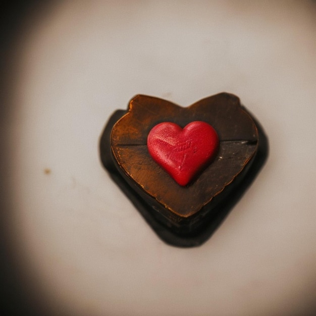 Un biscotto al cioccolato a forma di cuore con sopra un cuore rosso.