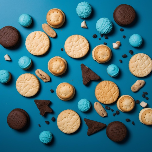 Un biscotto blu e bianco con sopra la parola cookies