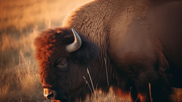 Un bisonte è visto in un campo al tramonto.