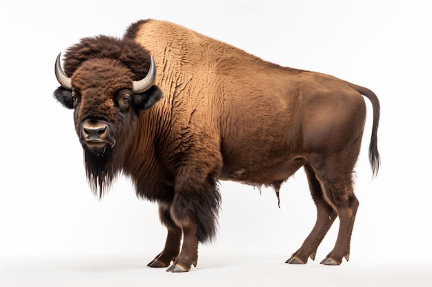 un bisonte in piedi su una superficie bianca con uno sfondo bianco