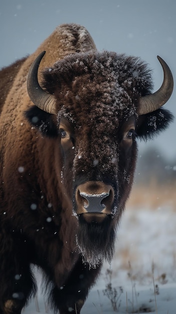 Un bisonte in un campo nevoso con la neve sul viso