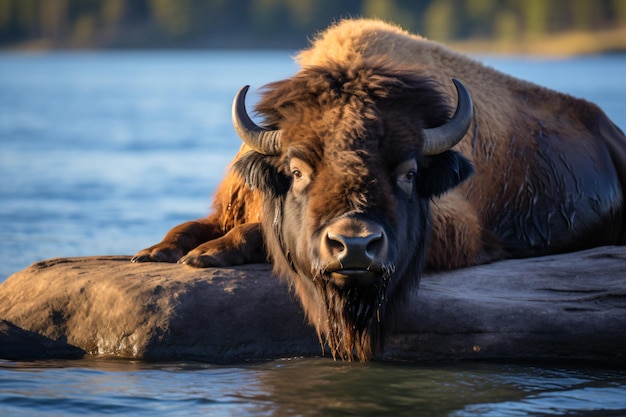un bisonte sdraiato su un tronco nell'acqua