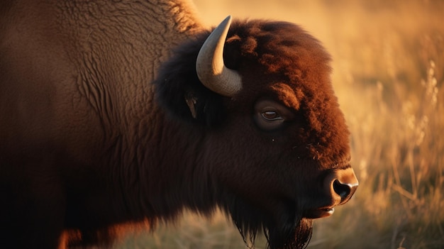 Un bisonte si trova in un campo al tramonto.