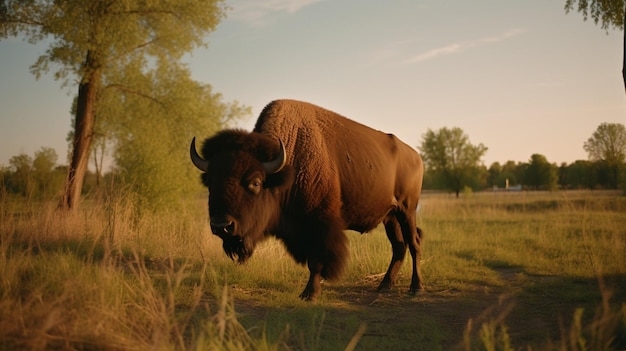 Un bisonte si trova in un campo la sera.