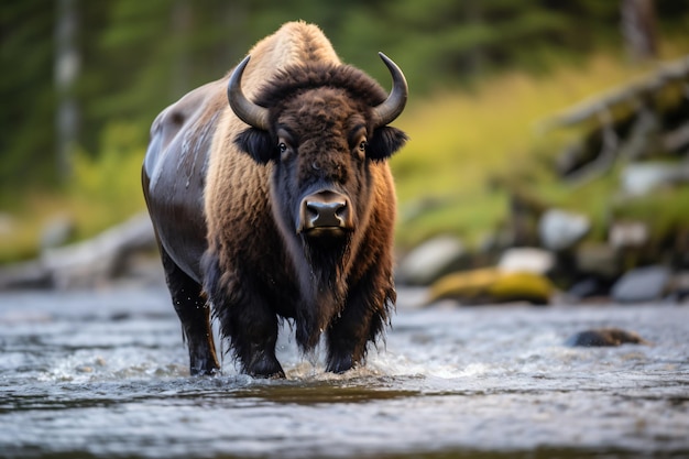 un bisonte sta camminando attraverso un fiume