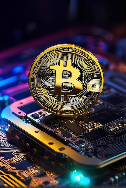 Un bitcoin d'oro sopra una scheda grafica per computer