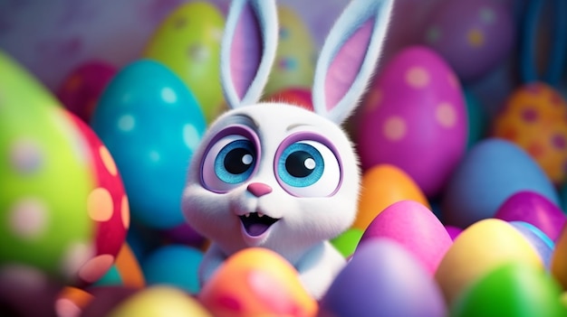 Un bizzarro coniglietto pasquale in stile Pixar con uova di Pasqua sullo sfondo