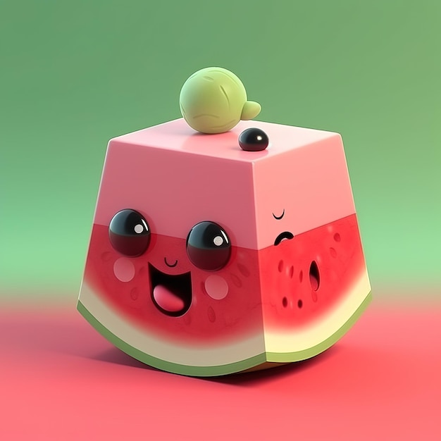 Un blocco di frutta a forma di cubo rosa e verde con una faccina sorridente.